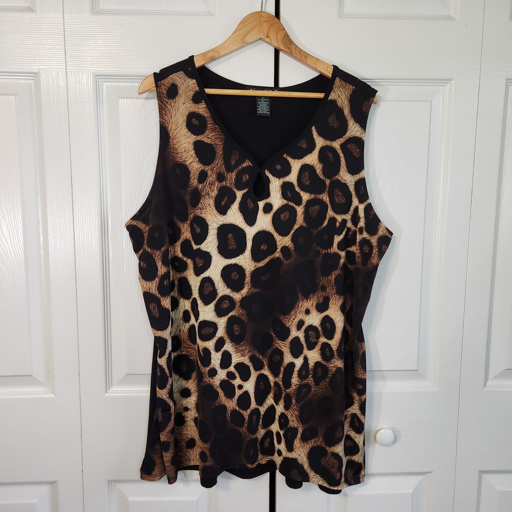 Suzie in the City Cheetah Print V-Neck Keyhole Sleeveless Tunic Top 2X Lagenlook